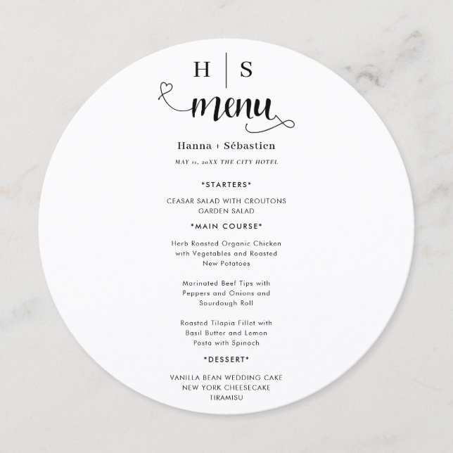 Black and White Wedding Menu Menükarte (Vorderseite)