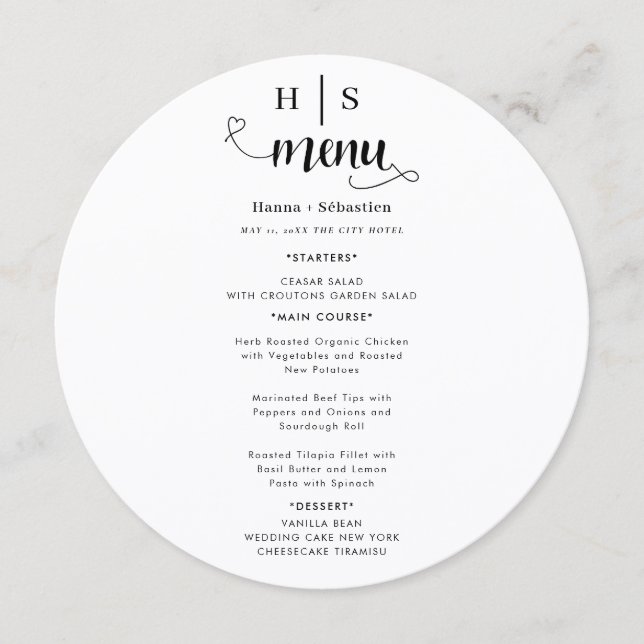 Black and White Wedding Menu Menükarte (Vorderseite)