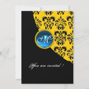 BLACK AND YELLOW DAMASK MONOGRAM, blauer Saphir Einladung
