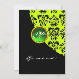 BLACK AND YELLOW DAMASK MONOGRAM, smaragdgrün Einladung