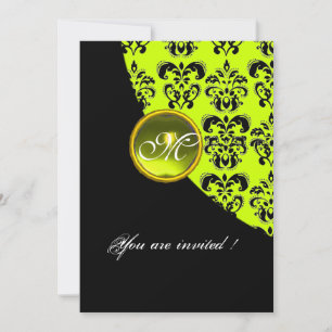 BLACK AND YELLOW DAMASK MONOGRAM, topaz grün Einladung