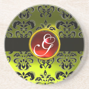 BLACK AND YELLOW DAMASK Red Ruby Monogram Sandstein Untersetzer