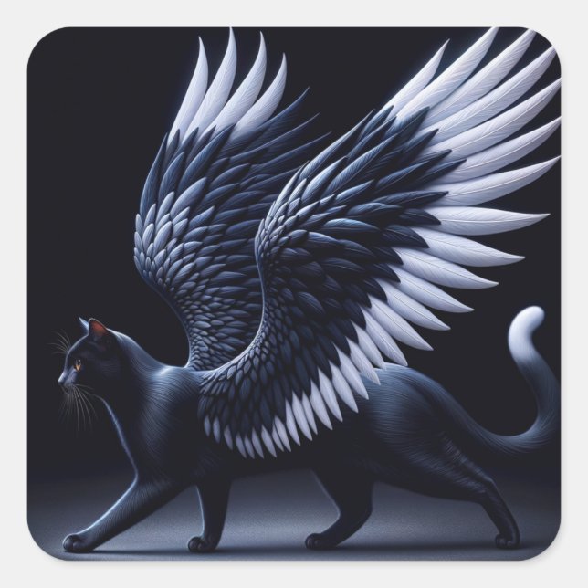 Black Angel Cat Quadratischer Aufkleber (Vorderseite)