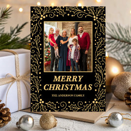 Black & Antique-Gold Family Photo Christmas Feiertagskarte