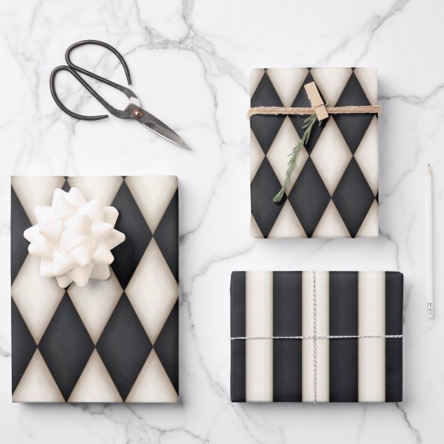 Black & Antique White Harlequin Diamanten & Streif Geschenkpapier Set (Vorderseite)