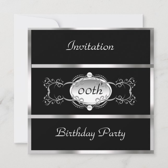 Black Any Birthday Invitation Black and Silver (Devant)