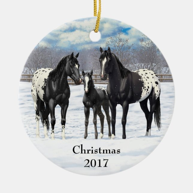 Black Appaloosa Horses In Snow Keramik Ornament (Vorne)