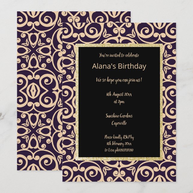 Black Apricot Abstrakt Print Gold Geburtstag Einladung (Vorne/Hinten)
