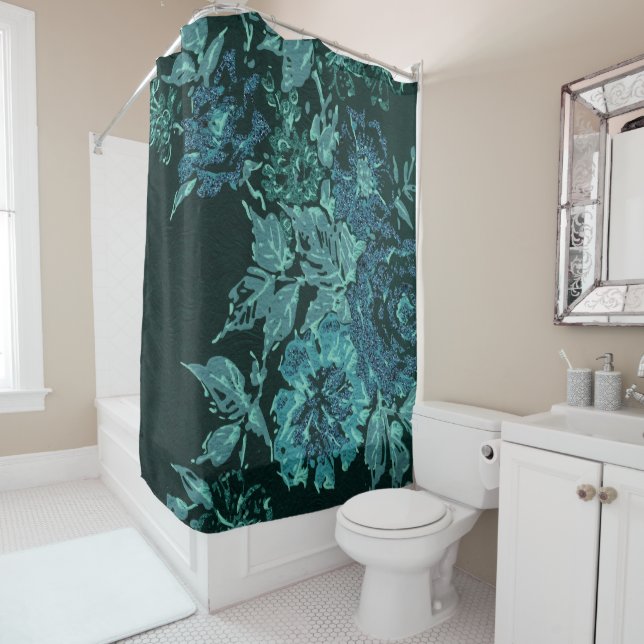 BLACK AQUA BLUE SPRING BLLORAL PATTER DUSCHVORHANG (Beispiel)