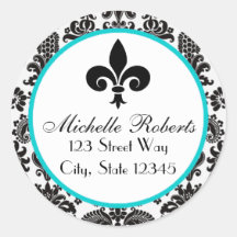 Black & Aqua Damask Fleur De Lys-Adressetikett