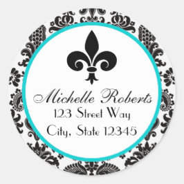 Black & Aqua Damask Fleur De Lys-Adressetikett Runder Aufkleber