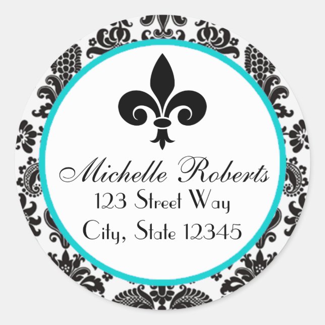 Black & Aqua Damask Fleur De Lys-Adressetikett Runder Aufkleber (Vorderseite)