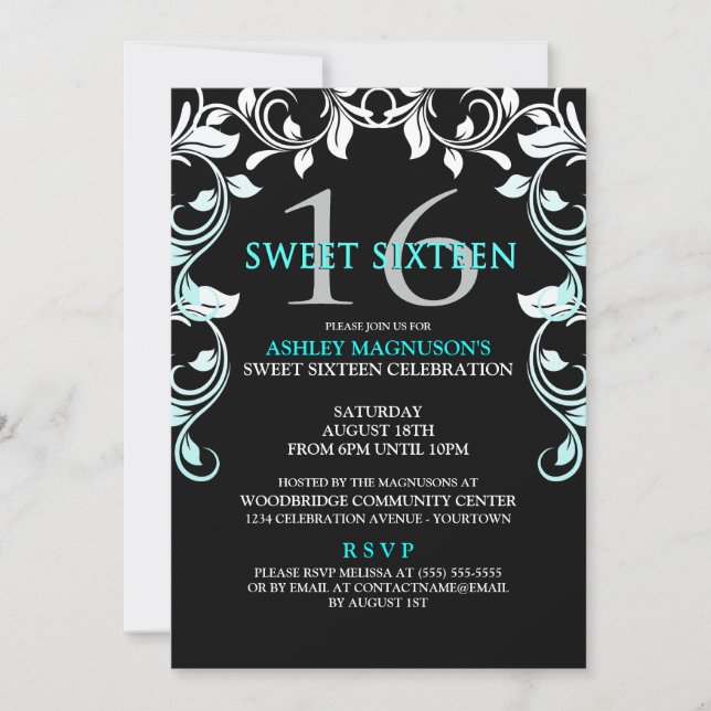 Black/Aqua Vines Sweet 16 Invitation (Devant)
