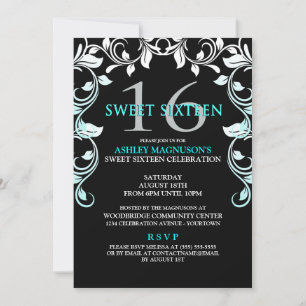 Black/Aqua Vines Sweet 16 Invitation