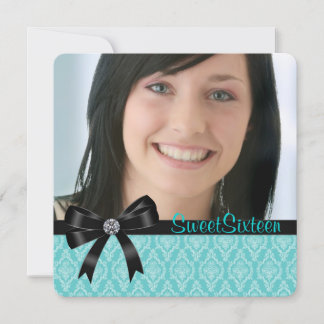 Black Aquamarin Blue Damask 16 . Geburtstag Party Einladung