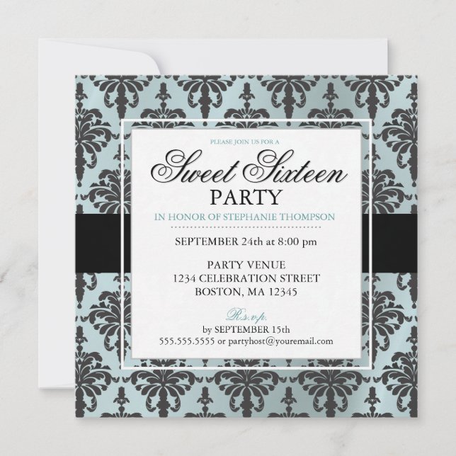 Black Aquamarin Blue Damask Sweet 16 Party Einladu Einladung (Vorderseite)