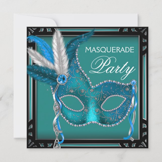 Black Aquamarin Blue Mask Masquerade Party Einladung (Vorderseite)