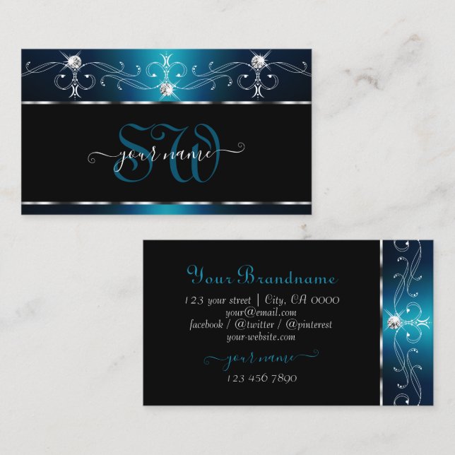 Black Aquamarin Blue Squiggles Sparkle Jewels Mono Visitenkarte (Vorne/Hinten)