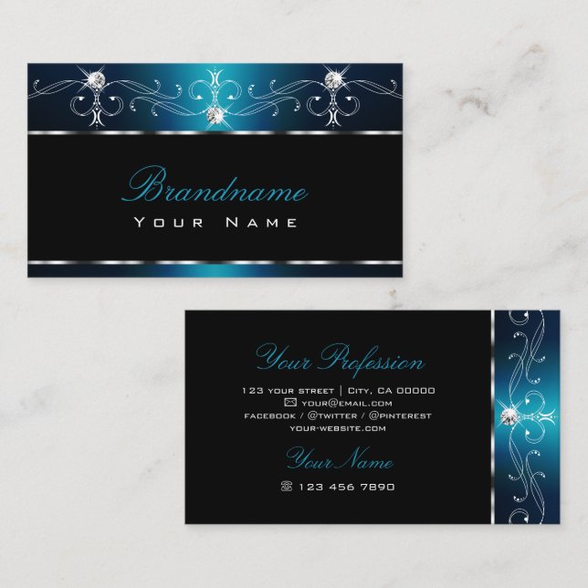 Black Aquamarin Blue Squiggles Sparkle Juwelen Orn Visitenkarte (Vorne/Hinten)