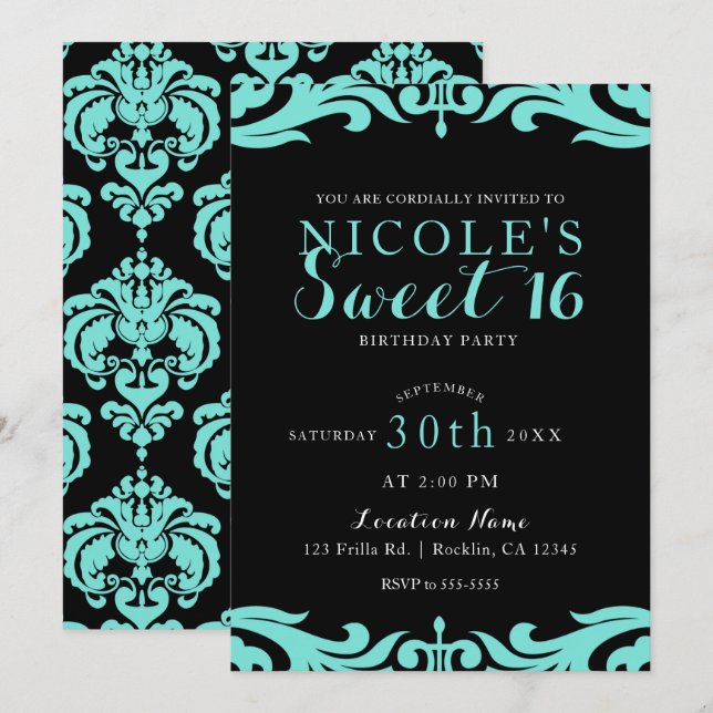 Black & Aquamarin Damask Chic Elegant Sweet 16 Par Einladung (Vorne/Hinten)