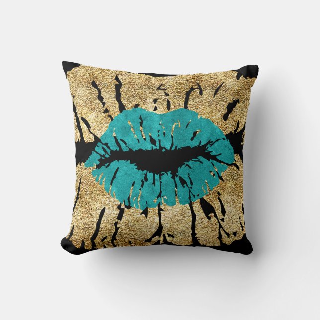 Black Aquamarin Gold Glitzer Kiss Lips Metallic Gl Kissen (Vorderseite)