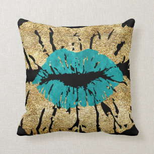 Black Aquamarin Gold Glitzer Kiss Lips Metallic Gl Kissen