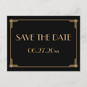 Black Art Deco Great Gatsby Save the Date Postkart Ankündigungspostkarte