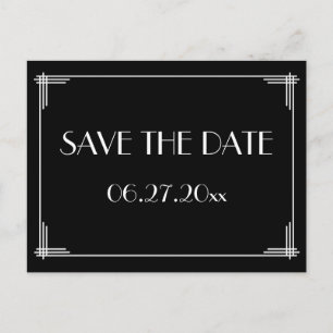Black Art Deco Great Gatsby Save the Date Postkart Ankündigungspostkarte