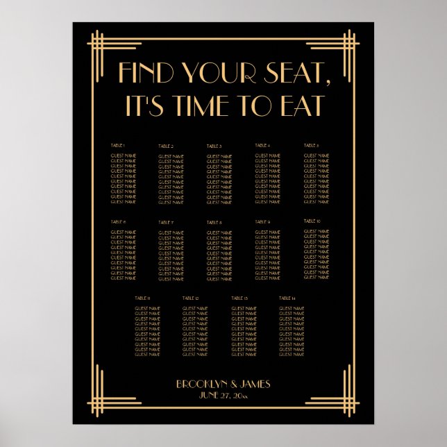 Black Art Deco Hochzeitsdiagramm Poster (Vorne)