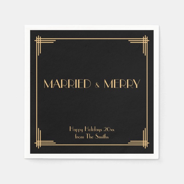 Black Art Deco Verheiratet und froh Weihnachten Na Serviette (Vorderseite)
