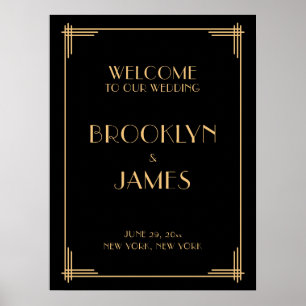 Black Art Deco Wedding Reception Zeichen 18" x 24" Poster