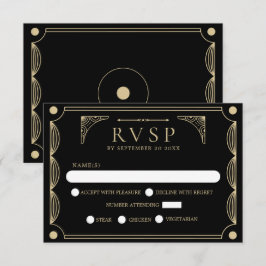 Black Art Deco Wedding RSVP Karte
