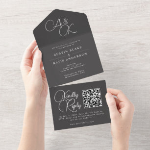 Black Ash White Monogram Script Minimalistisch QR All In One Einladung