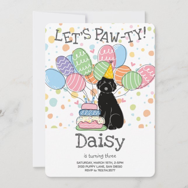 Black Aussiedoodle Birthday Party Einladung (Vorderseite)