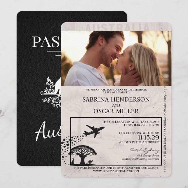 Black Australia Passport Wedding Einladung (Vorne/Hinten)