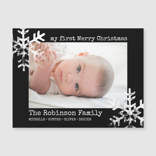 Black Baby 1. Weihnachts-Foto Schneeflocken Magnetkarte (Vorderseite)