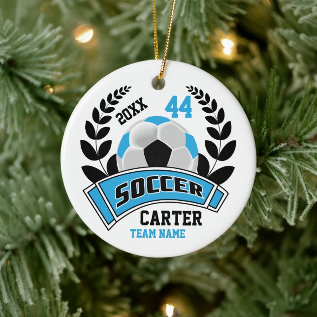 Black, Baby Blue and White Personalize Soccer  ⚽ Keramik Ornament (Baum)