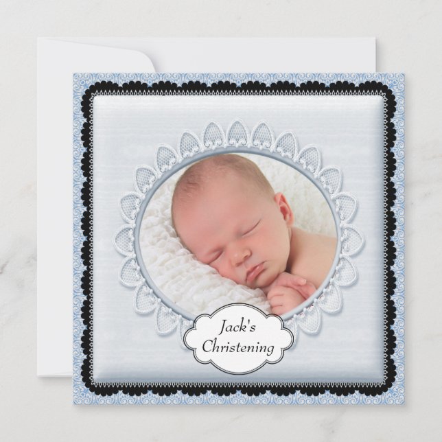 Black Baby Blue Boys Photo Christening Invitations (Devant)