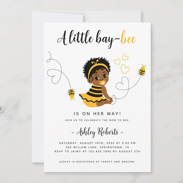 Black Baby Girl Bee Baby Shower Einladung (Vorderseite)
