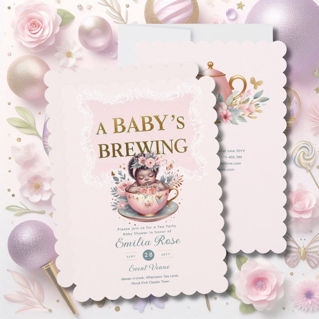 Black Baby Girl Brewing Tee Party Dusche Floral Einladung (Von Creator hochgeladen)