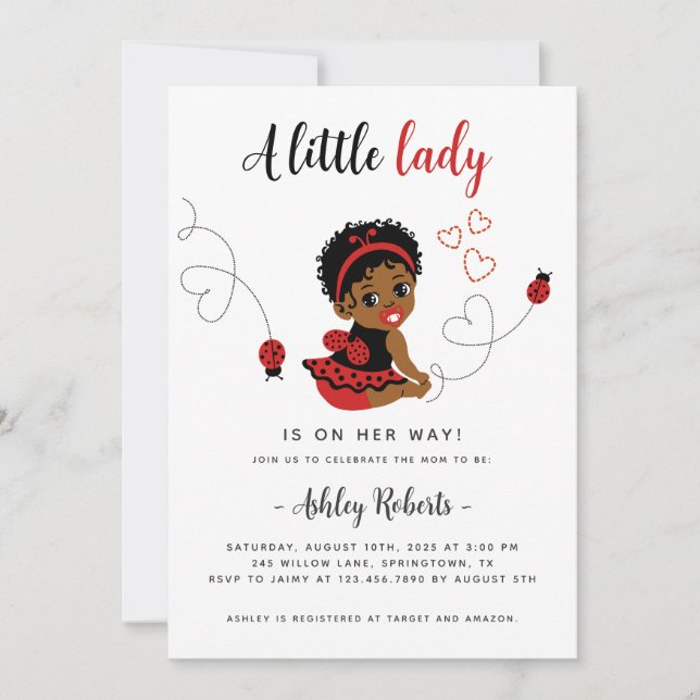 Black Baby Girl Ladybug Shower Invitation (Devant)