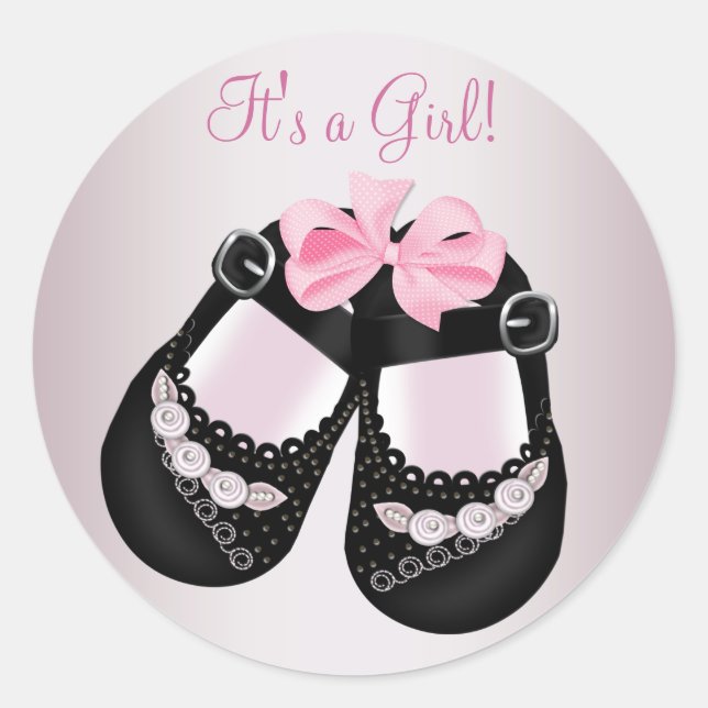 Black Baby Shoes Pink Baby Shower Stickers (Vorderseite)