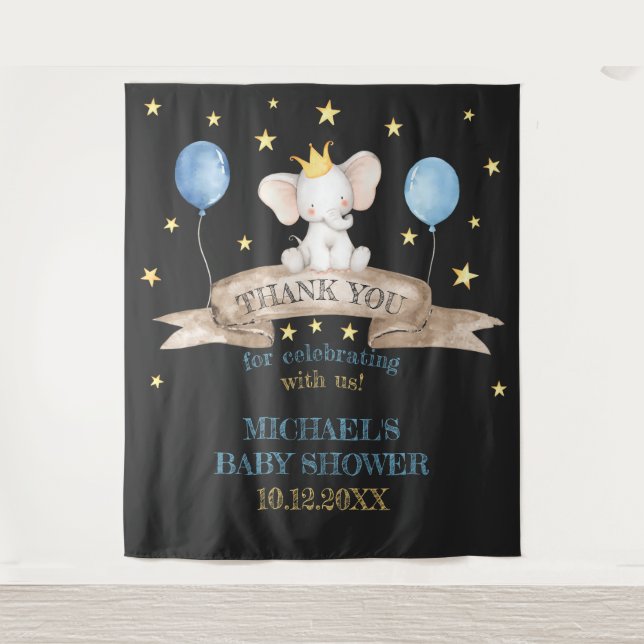 black baby shower stars balloon elephant backdrop wandteppich (Vorderseite)