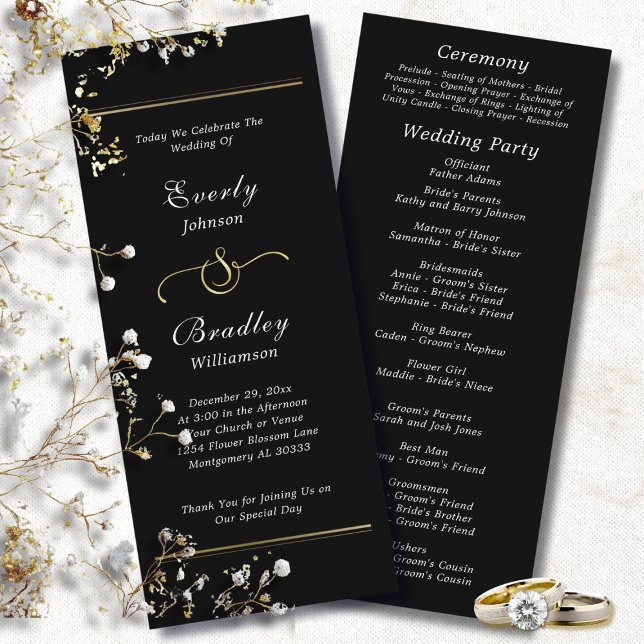 Black Background White Script Elegant Wedding  Programm (Von Creator hochgeladen)