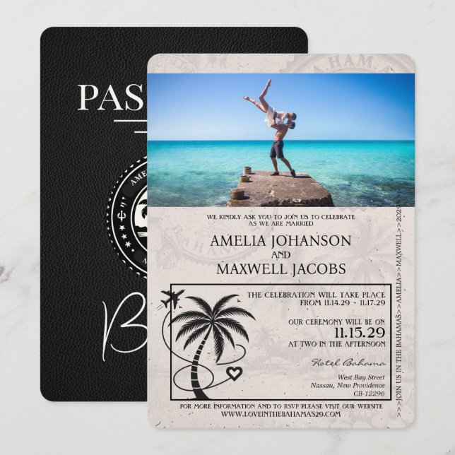 Black Bahamas Passport Hochzeitseinladung Einladung (Vorne/Hinten)