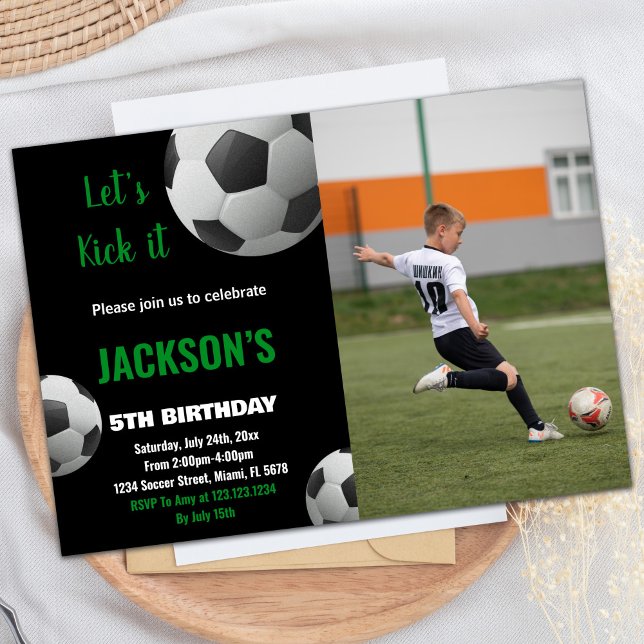 Black Ball Green Texte Photo Soccer Invitations (Black Ball Green Text Photo Soccer Invitations)