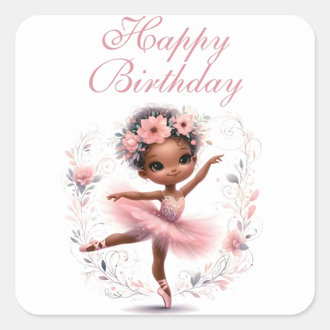 Black Ballerina Happy Birthday Quadratischer Aufkleber (Vorderseite)