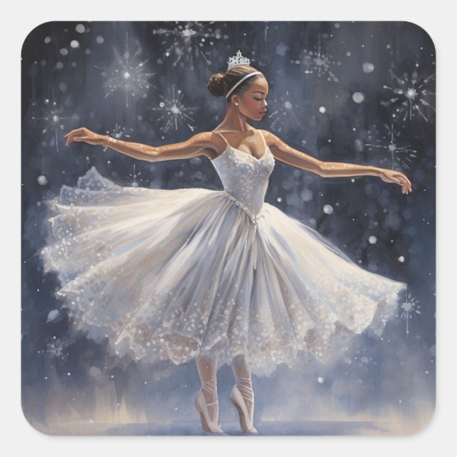 Black Ballerina in Snowflake Tutu Quadratischer Aufkleber (Vorderseite)