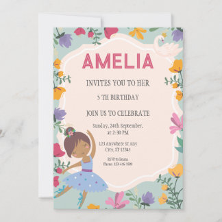 Black Ballerina Princess Floral Girl Birthday Einladung