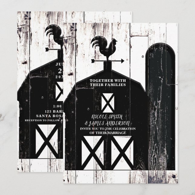 Black Barn White Wood Rustic Farmhouse Hochzeit Einladung (Vorne/Hinten)